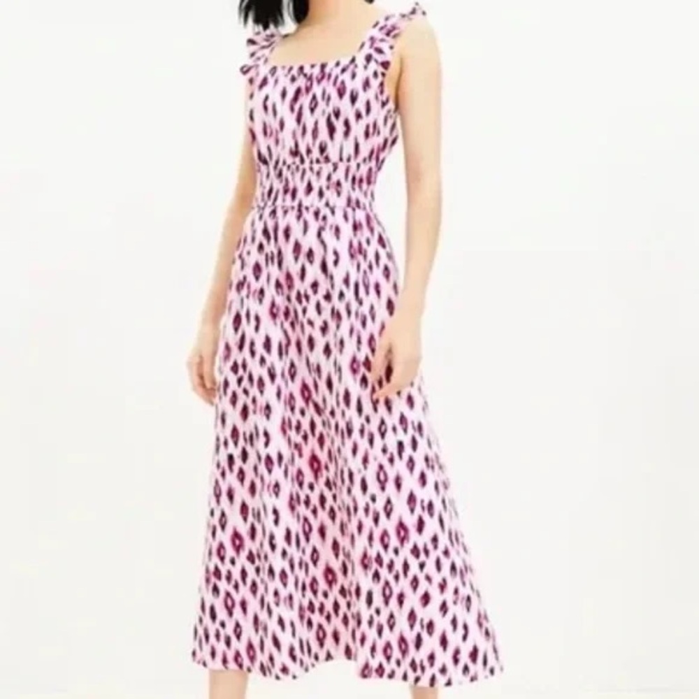 NWT LOFT Animal Print Pink Midi Dress with Smocked Waist and Ruffle Straps